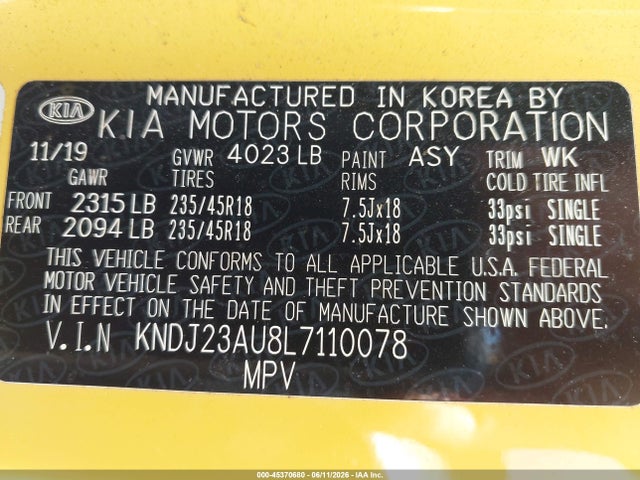 Aukcja sprzedaży 2020 Kia Soul X-line, vin: KNDJ23AU8L7110078, numer aukcji: 45370680