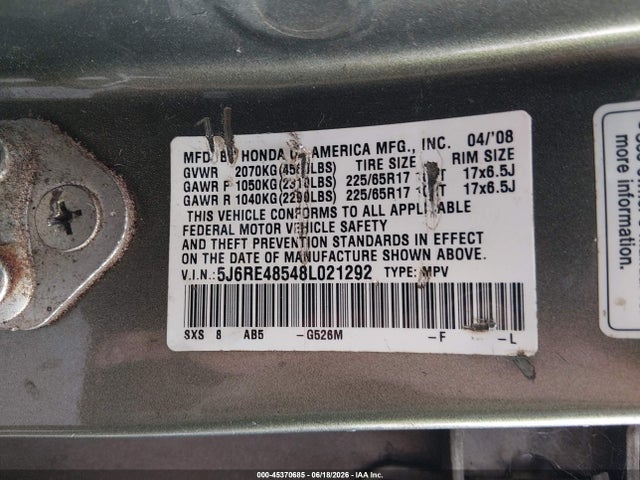 Продаж на аукціоні авто 2008 Honda Cr-v Ex, vin: 5J6RE48548L021292, номер лоту: 45370685