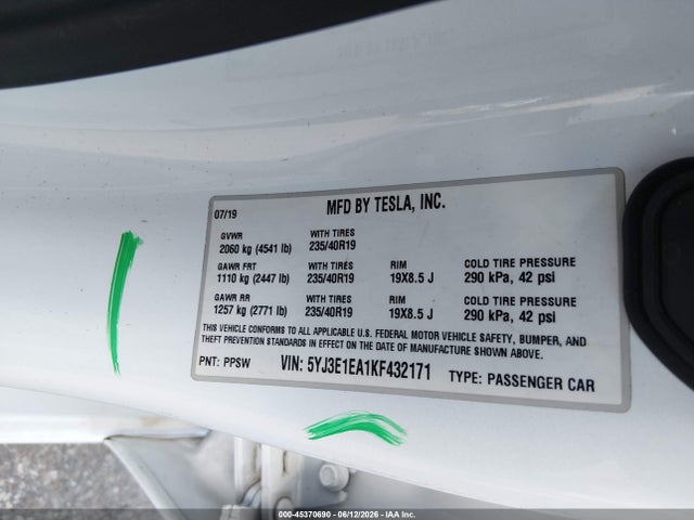 Aukcja sprzedaży 2019 Tesla Model 3 Long Range/mid Range/standard Range/standard Range Plus, vin: 5YJ3E1EA1KF432171, numer aukcji: 45370690