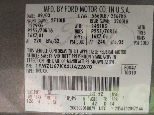 Aukcja sprzedaży 2004 Ford Explorer Sport Trac Adrenalin/xls/xlt, vin: 1FMZU67KX4UA22670, numer aukcji: 45370719