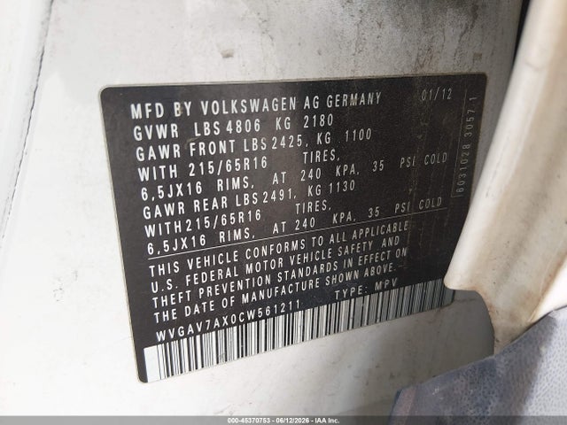 2012 Volkswagen Tiguan S მანქანა იყიდება აუქციონზე, vin: WVGAV7AX0CW561211, აუქციონის ნომერი: 45370753