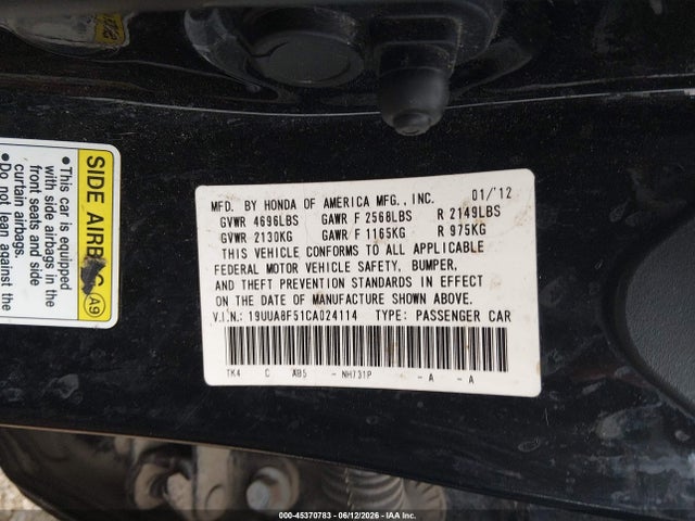 Aukcja sprzedaży 2012 Acura Tl 3.5, vin: 19UUA8F51CA024114, numer aukcji: 45370783
