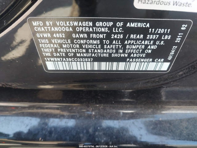 Продажа на аукционе авто 2012 Volkswagen Passat 2.0l Tdi Se, vin: 1VWBN7A39CC032537, номер лота: 45370794
