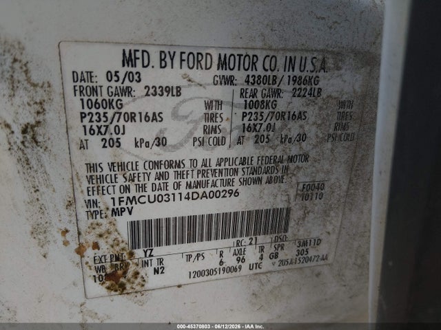 Продаж на аукціоні авто 2004 Ford Escape Xlt, vin: 1FMCU03114DA00296, номер лоту: 45370803