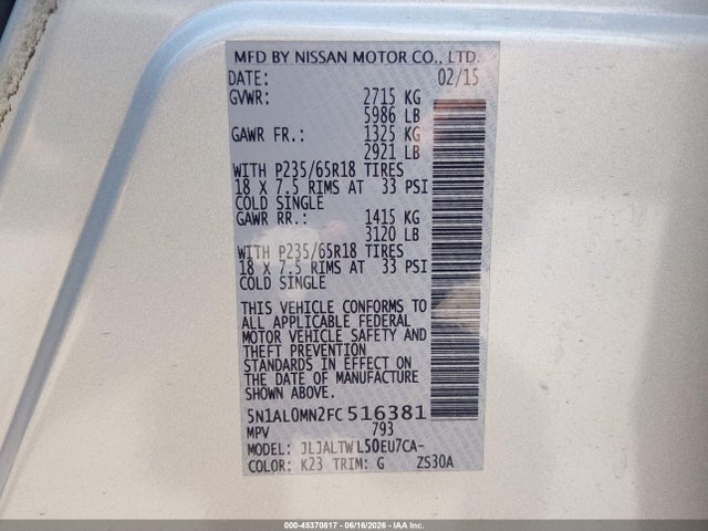 Продаж на аукціоні авто 2015 Infiniti Qx60, vin: 5N1AL0MN2FC516381, номер лоту: 45370817