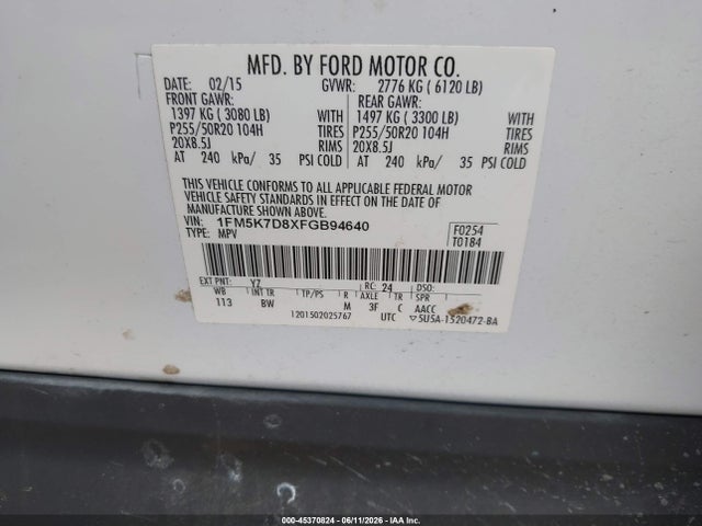 2015 Ford Explorer Xlt მანქანა იყიდება აუქციონზე, vin: 1FM5K7D8XFGB94640, აუქციონის ნომერი: 45370824