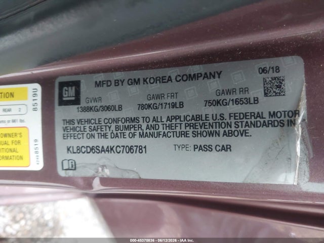 Продажа на аукционе авто 2019 Chevrolet Spark 1lt Cvt, vin: KL8CD6SA4KC706781, номер лота: 45370836