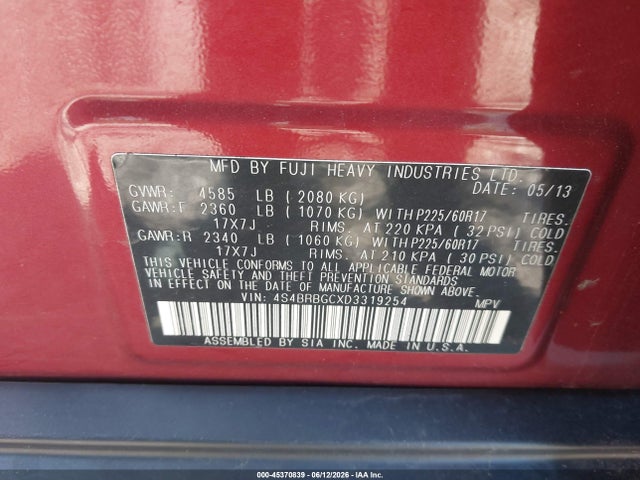 Aukcja sprzedaży 2013 Subaru Outback 2.5i Premium, vin: 4S4BRBGCXD3319254, numer aukcji: 45370839