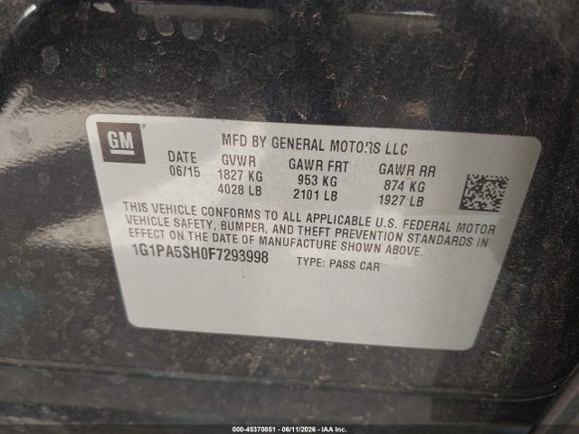 45370851 :رقم المزاد ، 1G1PA5SH0F7293998 vin ، 2015 Chevrolet Cruze Ls Auto مزاد بيع