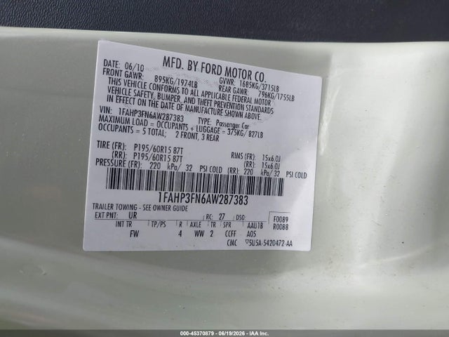 Aukcja sprzedaży 2010 Ford Focus Se, vin: 1FAHP3FN6AW287383, numer aukcji: 45370879