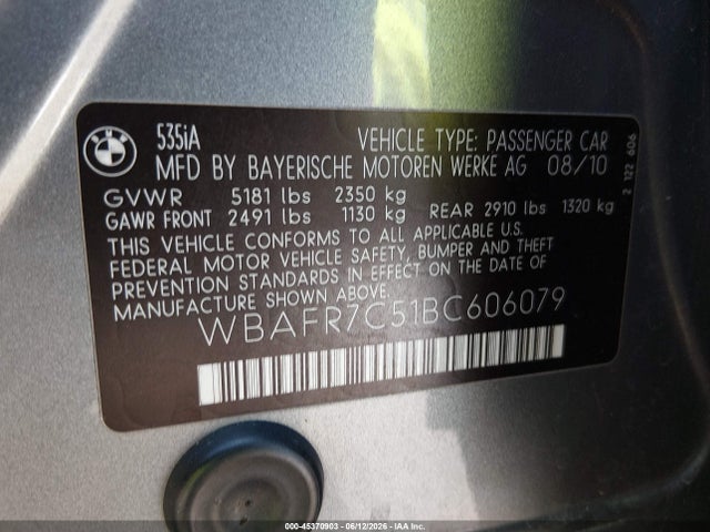 Продажа на аукционе авто 2011 Bmw 535i, vin: WBAFR7C51BC606079, номер лота: 45370903