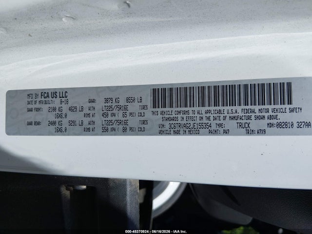 Продаж на аукціоні авто 2018 Ram Promaster 1500 Low Roof 136 Wb, vin: 3C6TRVAG2JE155354, номер лоту: 45370924