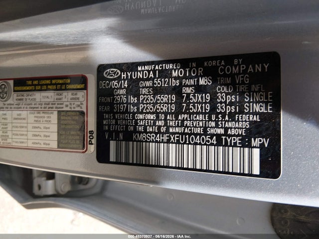 45370927 :رقم المزاد ، KM8SR4HFXFU104054 vin ، 2015 Hyundai Santa Fe Gls مزاد بيع