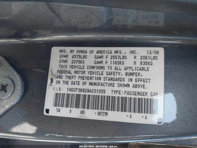 Aukcja sprzedaży 2009 Honda Accord 3.5 Ex-l, vin: 1HGCP36829A031055, numer aukcji: 45370955