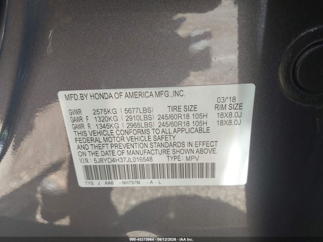 45370964 :رقم المزاد ، 5J8YD4H37JL016548 vin ، 2018 Acura Mdx مزاد بيع