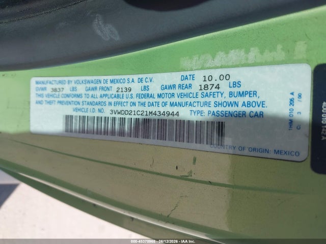 Aukcja sprzedaży 2001 Volkswagen New Beetle Glx, vin: 3VWDD21C21M434944, numer aukcji: 45370968