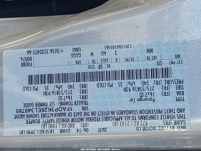 45370980 :رقم المزاد ، 1FADP3K26EL349785 vin ، 2014 Ford Focus Se مزاد بيع