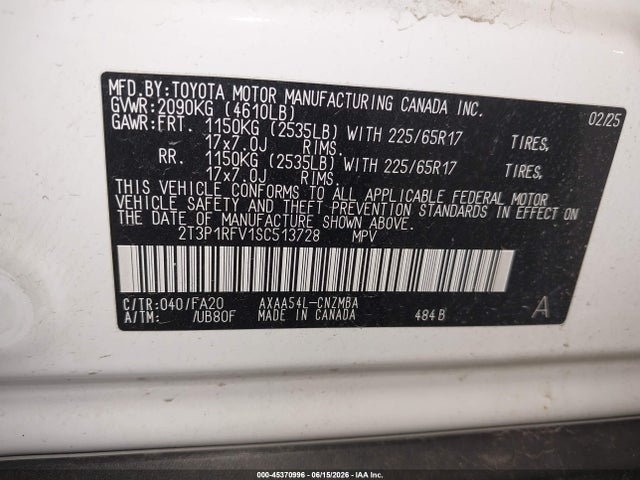 Продаж на аукціоні авто 2025 Toyota Rav4 Xle, vin: 2T3P1RFV1SC513728, номер лоту: 45370996