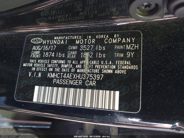 2017 Hyundai Accent Se მანქანა იყიდება აუქციონზე, vin: KMHCT4AEXHU375397, აუქციონის ნომერი: 45371019