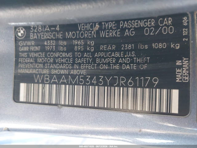 Продажа на аукционе авто 2000 Bmw 328i, vin: WBAAM5343YJR61179, номер лота: 45371028