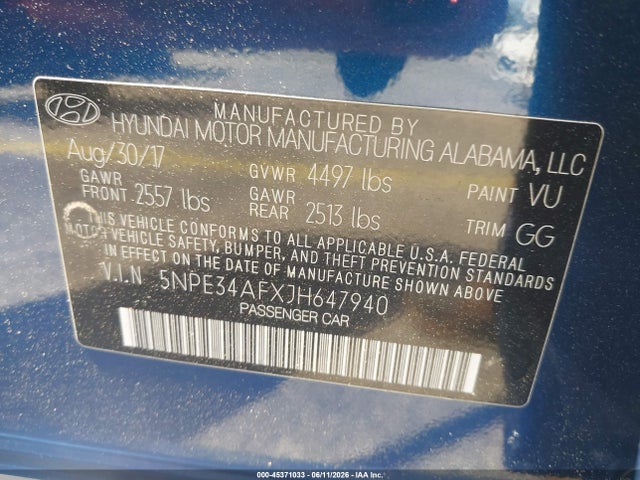 Продажа на аукционе авто 2018 Hyundai Sonata Limited, vin: 5NPE34AFXJH647940, номер лота: 45371033