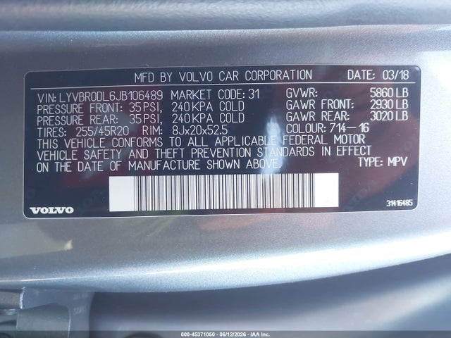 LYVBR0DL6JB106489 Volvo Xc60 Hybrid T8 Inscription