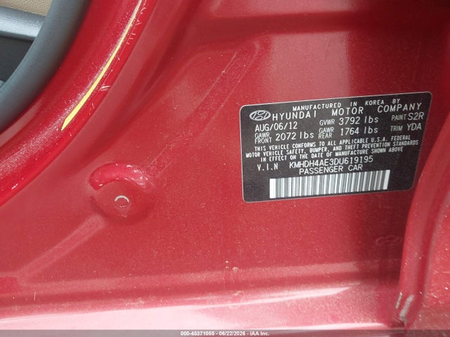 Aukcja sprzedaży 2013 Hyundai Elantra Limited, vin: KMHDH4AE3DU619195, numer aukcji: 45371055