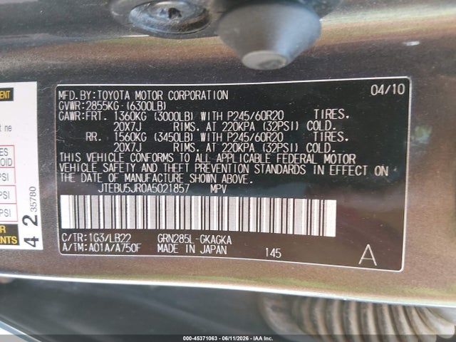2010 Toyota 4runner Limited V6 მანქანა იყიდება აუქციონზე, vin: JTEBU5JR0A5021857, აუქციონის ნომერი: 45371063