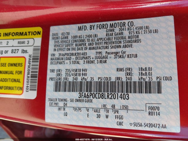 Продажа на аукционе авто 2020 Ford Fusion Sel, vin: 3FA6P0CD8LR201403, номер лота: 45371076