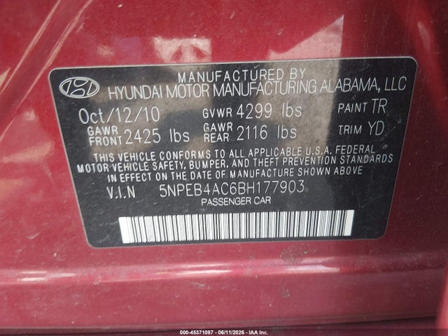 2011 Hyundai Sonata Gls მანქანა იყიდება აუქციონზე, vin: 5NPEB4AC6BH177903, აუქციონის ნომერი: 45371087
