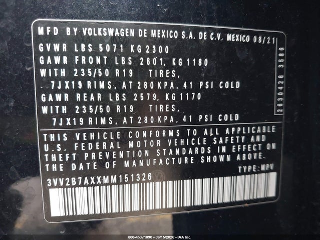 45371090 :رقم المزاد ، 3VV2B7AXXMM151326 vin ، 2021 Volkswagen Tiguan 2.0t Se/2.0t Se R-line Black/2.0t Sel مزاد بيع