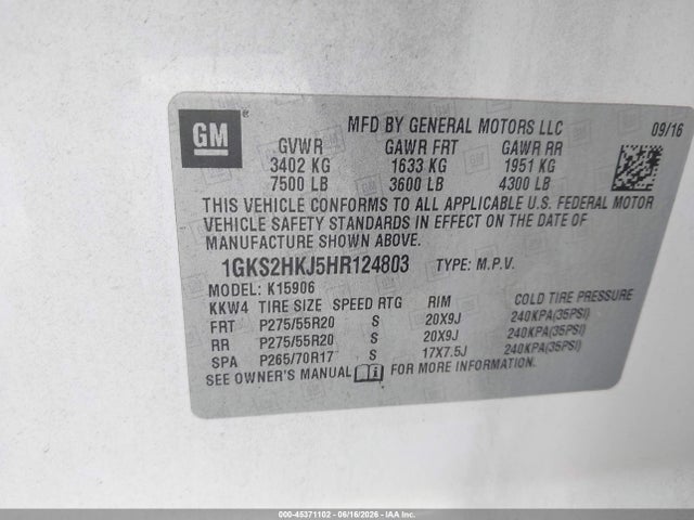 45371102 :رقم المزاد ، 1GKS2HKJ5HR124803 vin ، 2017 Gmc Yukon Xl Denali مزاد بيع