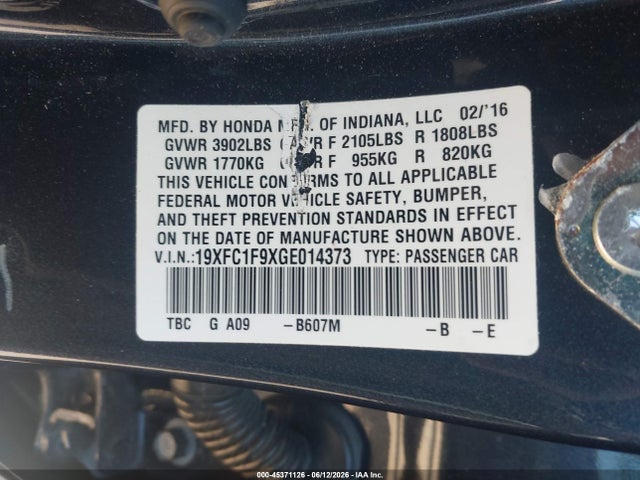 2016 Honda Civic Touring მანქანა იყიდება აუქციონზე, vin: 19XFC1F9XGE014373, აუქციონის ნომერი: 45371126