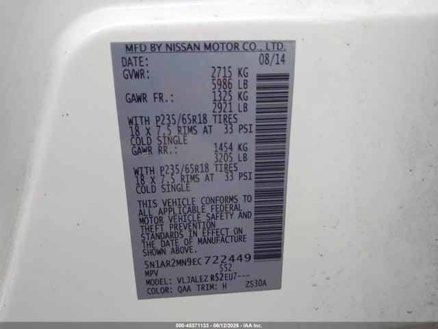 5N1AR2MN9EC722449 Nissan Pathfinder Sv