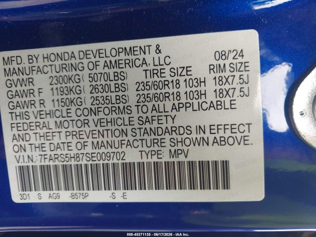 7FARS5H87SE009702 Honda Cr-v Hybrid Sport-l
