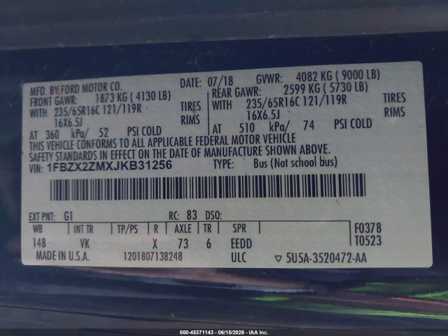 1FBZX2ZMXJKB31256 Ford Transit-350 Xl