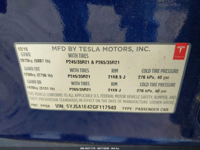 Tesla Model S 90d/p100d/p85d/p90d 2016 5YJSA1E42GF117940 Image 9