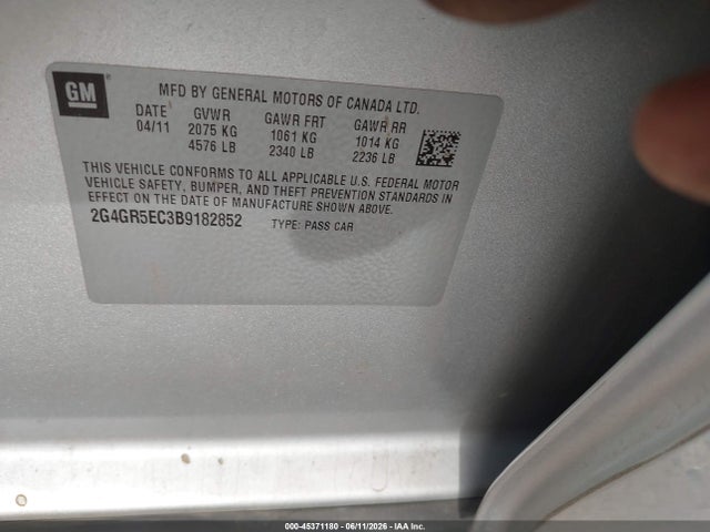 45371180 :رقم المزاد ، 2G4GR5EC3B9182852 vin ، 2011 Buick Regal Cxl Oshawa مزاد بيع