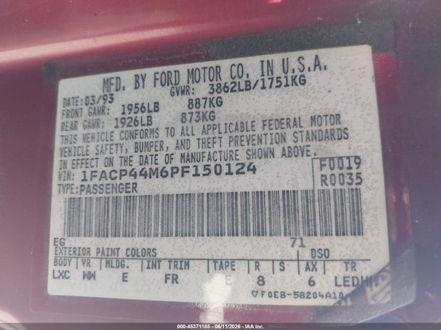 1993 Ford Mustang Lx მანქანა იყიდება აუქციონზე, vin: 1FACP44M6PF150124, აუქციონის ნომერი: 45371185