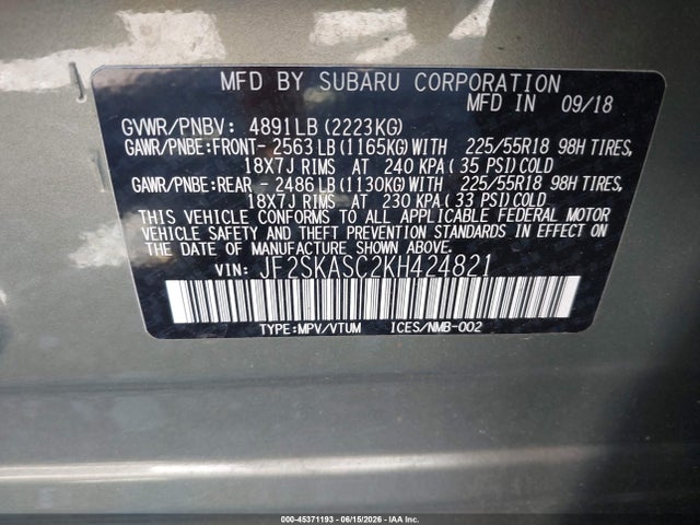Subaru Forester Limited 2019 JF2SKASC2KH424821 Image 9