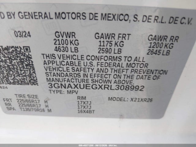 Продаж на аукціоні авто 2024 Chevrolet Equinox Awd Lt, vin: 3GNAXUEGXRL308992, номер лоту: 45371200