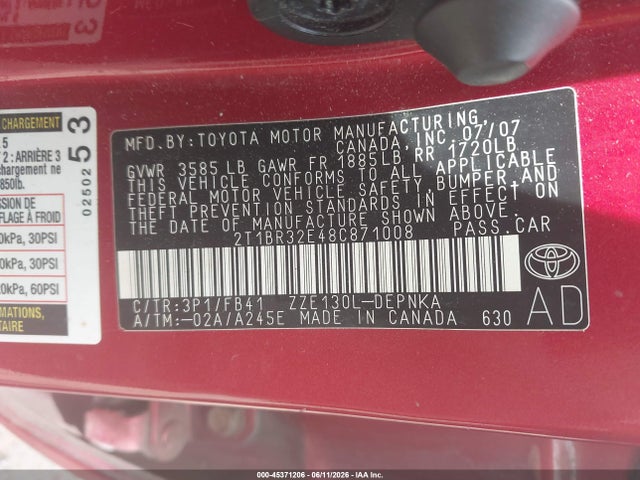 Продажа на аукционе авто 2008 Toyota Corolla Le, vin: 2T1BR32E48C871008, номер лота: 45371206