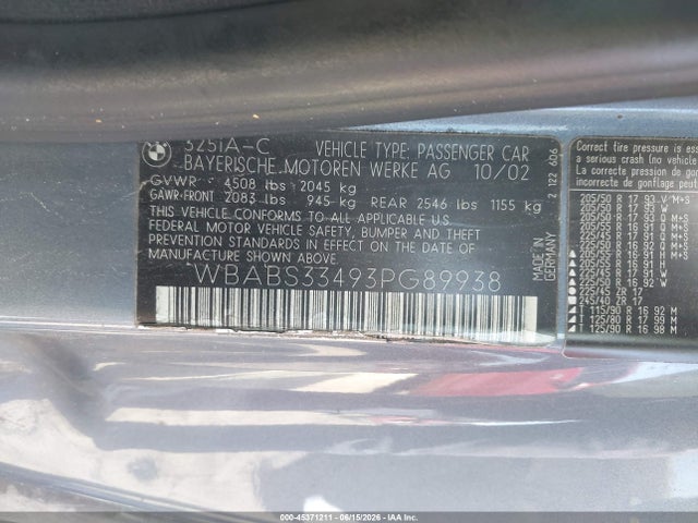 Aukcja sprzedaży 2003 Bmw 3 Series 325ci, vin: WBABS33493PG89938, numer aukcji: 45371211