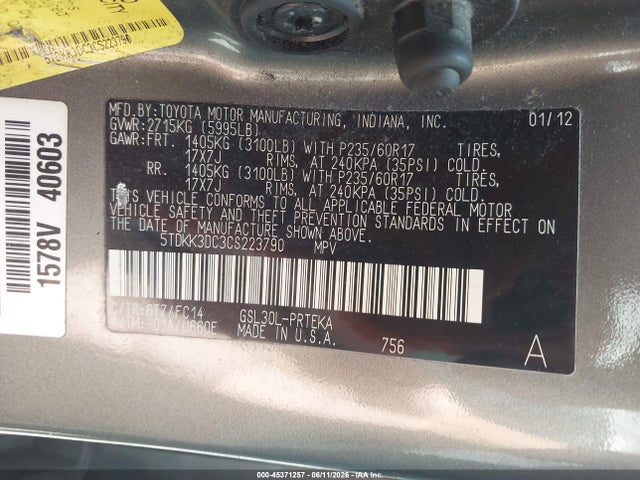 Aukcja sprzedaży 2012 Toyota Sienna Le V6 8 Passenger, vin: 5TDKK3DC3CS223790, numer aukcji: 45371257