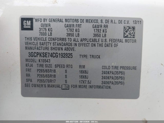 2012 Chevrolet Silverado 1500 Lt მანქანა იყიდება აუქციონზე, vin: 3GCPKSE74CG192825, აუქციონის ნომერი: 45371259
