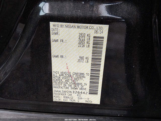 45371268 :رقم المزاد ، 1N4AL3AP2FN326442 vin ، 2015 Nissan Altima 2.5 S مزاد بيع