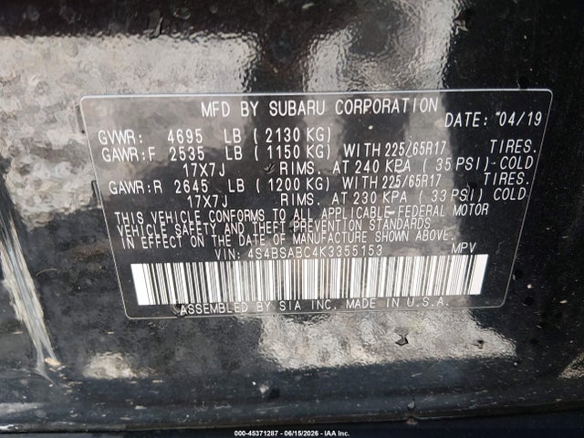Продаж на аукціоні авто 2019 Subaru Outback 2.5i, vin: 4S4BSABC4K3355153, номер лоту: 45371287