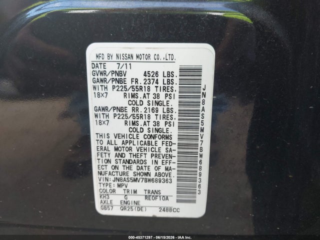 Aukcja sprzedaży 2011 Nissan Rogue Sv, vin: JN8AS5MV7BW689363, numer aukcji: 45371297