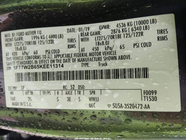 45371300 :رقم المزاد ، 1FT7W2B65KEE11314 vin ، 2019 Ford F-250 Xlt مزاد بيع