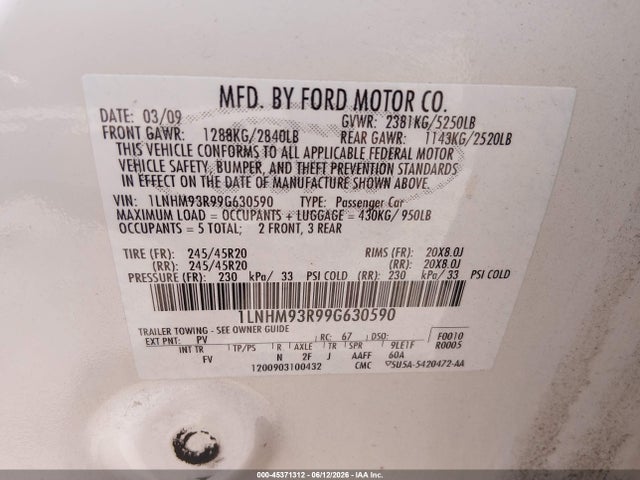 45371312 :رقم المزاد ، 1LNHM93R99G630590 vin ، 2009 Lincoln Mks مزاد بيع